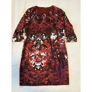 TALBOTS Shift Dress Size 14 Red Abstract Print Career 3/4 Sleeve Artsy Romantic